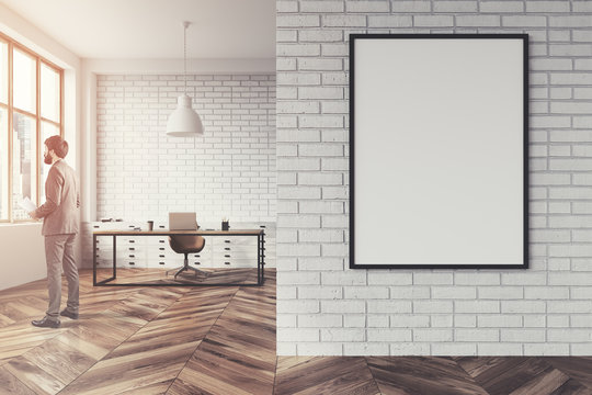 White brick CEO office interior, poster toned