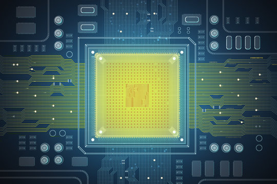 Circuit background with a yellow processor
