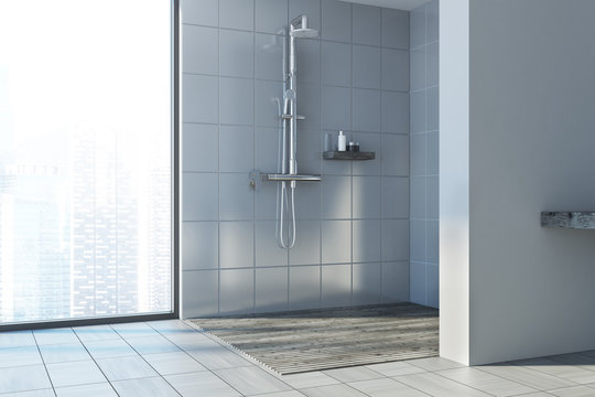 Gray wall bathroom, shower stall