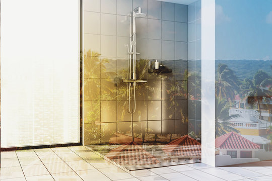 Gray wall bathroom, shower stall toned