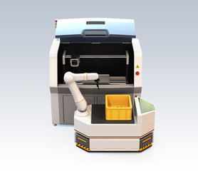 AGV (Automatic guided vehicle)  with robotic arm and 3D metal printer isolated on gray background. 3D rendering image.