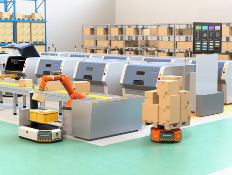 Robotic arm picking parcel from conveyor to AGV (Automatic guided vehicle). From the monitor of 3D printers' lines could check the process of printing state. 3D rendering image.