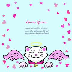 Cute card with white Cat, pink angel wings. Template for St. Valentine's Day/invitation/party/Mother day/birthday/baby birth/greetings card. Japanese Maneki Neko white cat isolated on background.