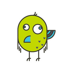 Funny crazy bird vector illustration. Green oval shape parrot comic style.