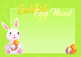 Easter greeting card with place for text and bunny. Egg hunt frame for photos. Cute rabbit congratulates on the holiday
