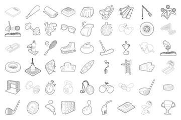 Sport equipment icon set, outline style