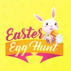 Easter greeting card with place for text and bunny. Egg hunt. Cute rabbit congratulates on the holiday