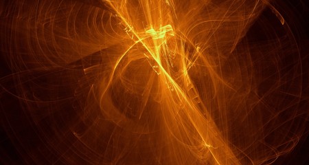 Abstract yellow light and laser beams, fractals  and glowing shapes  multicolored art background...