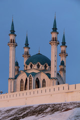 Fototapeta na wymiar Kul Sharif (Qolsherif, Kol Sharif, Qol Sharif) Mosque in Kazan Kremlin on a winter evening. Main Jama Masjid in Republic of Tatarstan.