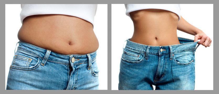 Woman's body before and after weight loss. Diet concept