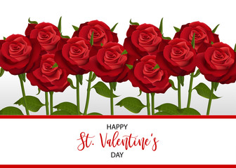 Bouquet realistic red rose St Valentine's day card. Love flower Valentines banner frame. Beautiful holiday blossom invitation. Vector colored illustration. Spring summer wedding background