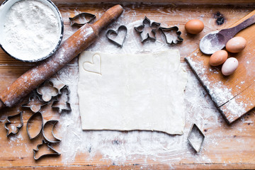 The process of cooking, wooden background, top view