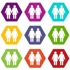 Two girls lesbians icon set color hexahedron