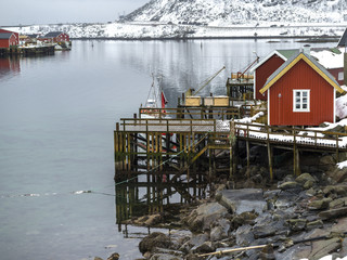 Stilt huts at waterfront, Lofoten, Nordland, Norway