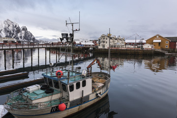 Fototapeta na wymiar Fishing boat in sea, Lofoten, Nordland, Norway