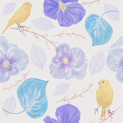 Obraz premium seamless pattern with flowers and birds