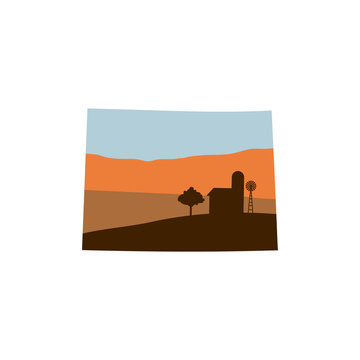 Colorado State Shape with Farm at Sunset w Windmill, Barn, and a Tree