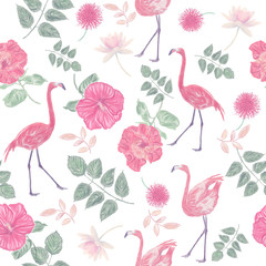 seamless  pattern with flowers and flamingos