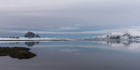 Fototapeta na wymiar View of sea with mountain range in the background, Lofoten, Nordland, Norway