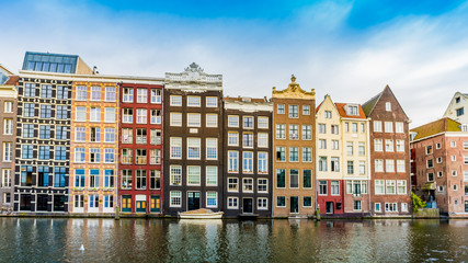 Canal houses of Amsterdam, Netherlands. Traditional old buildings in Amsterdam