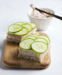 Sandwich with cucumber and smoked salmon cream