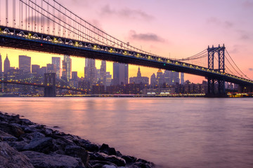 Manhattan and Brooklyn Bridges and Downtown Manhattan viewed from Brooklyn Bridge Park