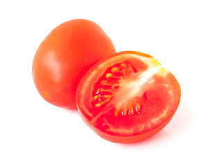 Fresh cherry tomatoes with slices on white background, top view, raw food and vegetable for beauty health