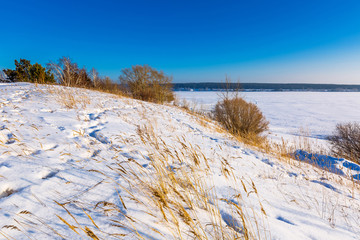 Winter landscape on the river. Berdsk, Siberia, Russia