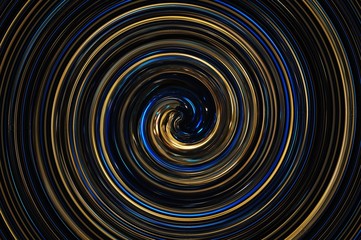 spiral Illusion digital art with black, golden and glowing blue colors.