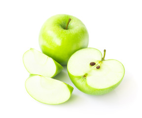 Green fresh apples fruit on white background , healthy diet food concept