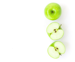 Closeup top view green apple on white background, fruit for healthy diet concept