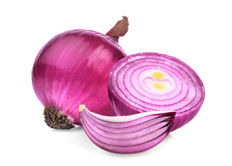 whole and half with slice of red onion isolated on white background