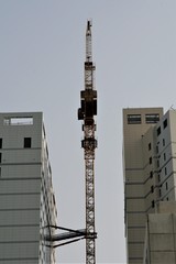 Tower crane between two buildings under construction
