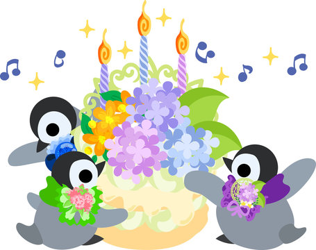 The stylish pretty penguin babies and a birthday cake