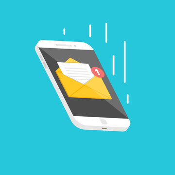 Falling Isometric smartphone  with email notification. Vector illustration.