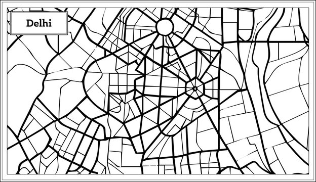 Delhi India City Map in Black and White Color.