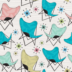 Retro Seamless Butterfly Chair Pattern mit Bumerangs und Atomsternen