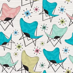 Papier Peint photo Années 50 Modèle de chaise papillon sans couture rétro avec boomerangs et étoiles atomiques