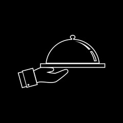 Food tray on a hand of hotel room service. vector icon