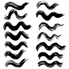 Grunge ink brush strokes. Freehand wave black brushes set. Handdrawn dry brush black smears. Modern vector illustration.