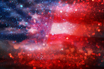 American flag and bokeh background with copy space for american celebration - obrazy, fototapety, plakaty