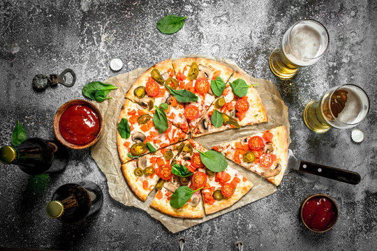 Mexican Pizza With Cold Beer.