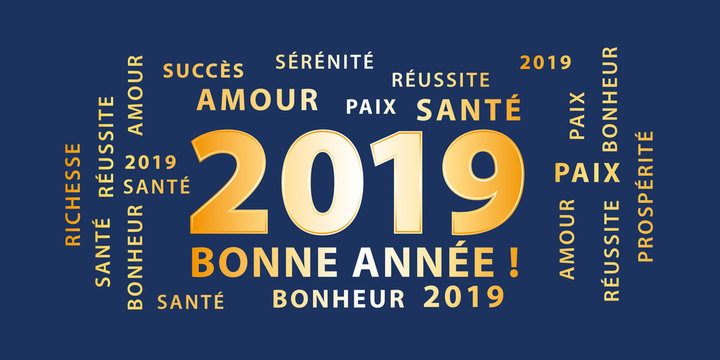 Bonne année 2019 ! Bannière de vœux bleu marine et or.