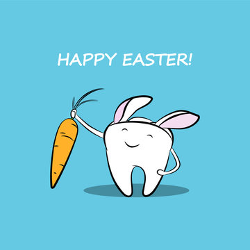 A funny cartoon tooth with carrots and bunny ears. Vector easter illustration for dentistry.