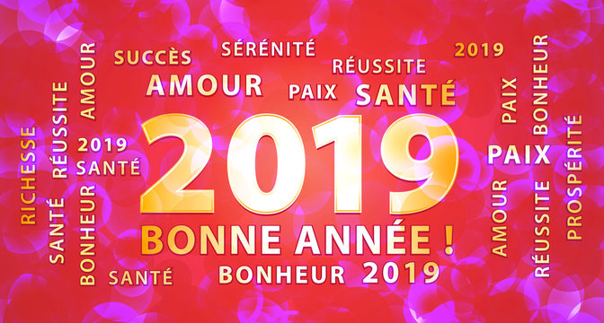 Bonne année 2019 ! Bannière de vœux rose, rouge et or. Fond graphique et festif.