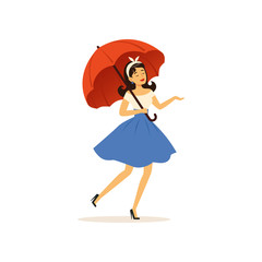 Beautiful young woman walking with red umbrella, girl dressed in retro style vector Illustration