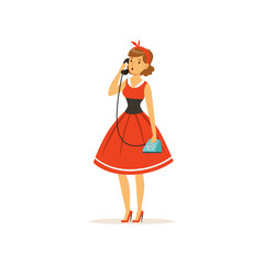 Beautiful young woman talking on vintage phone, girl dressed in retro style vector Illustration