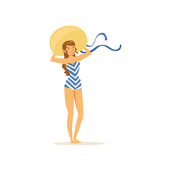 Beautiful young woman in swimsuit and straw hat, girl dressed in retro style vector Illustration