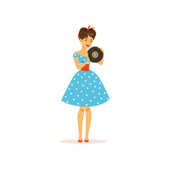 Beautiful young woman in a blue polka dot dress holding vinyl record, girl dressed in retro style vector Illustration