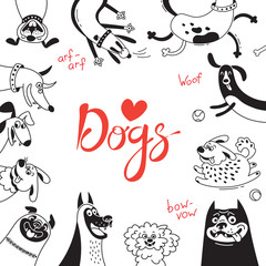 Card with joyful dogs and happy puppies. Vector background with mongrels, sheepdog, dachshund, lap-dog and others breeds